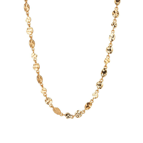 A gold vermeil necklace with textured circular discs and a chain link.