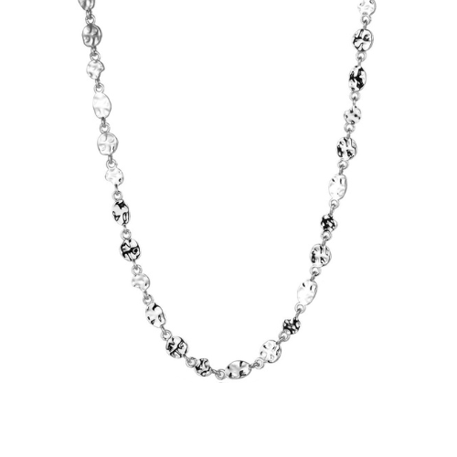 A sterling silver necklace with textured discs, featuring a blend of smooth and textured finishes.