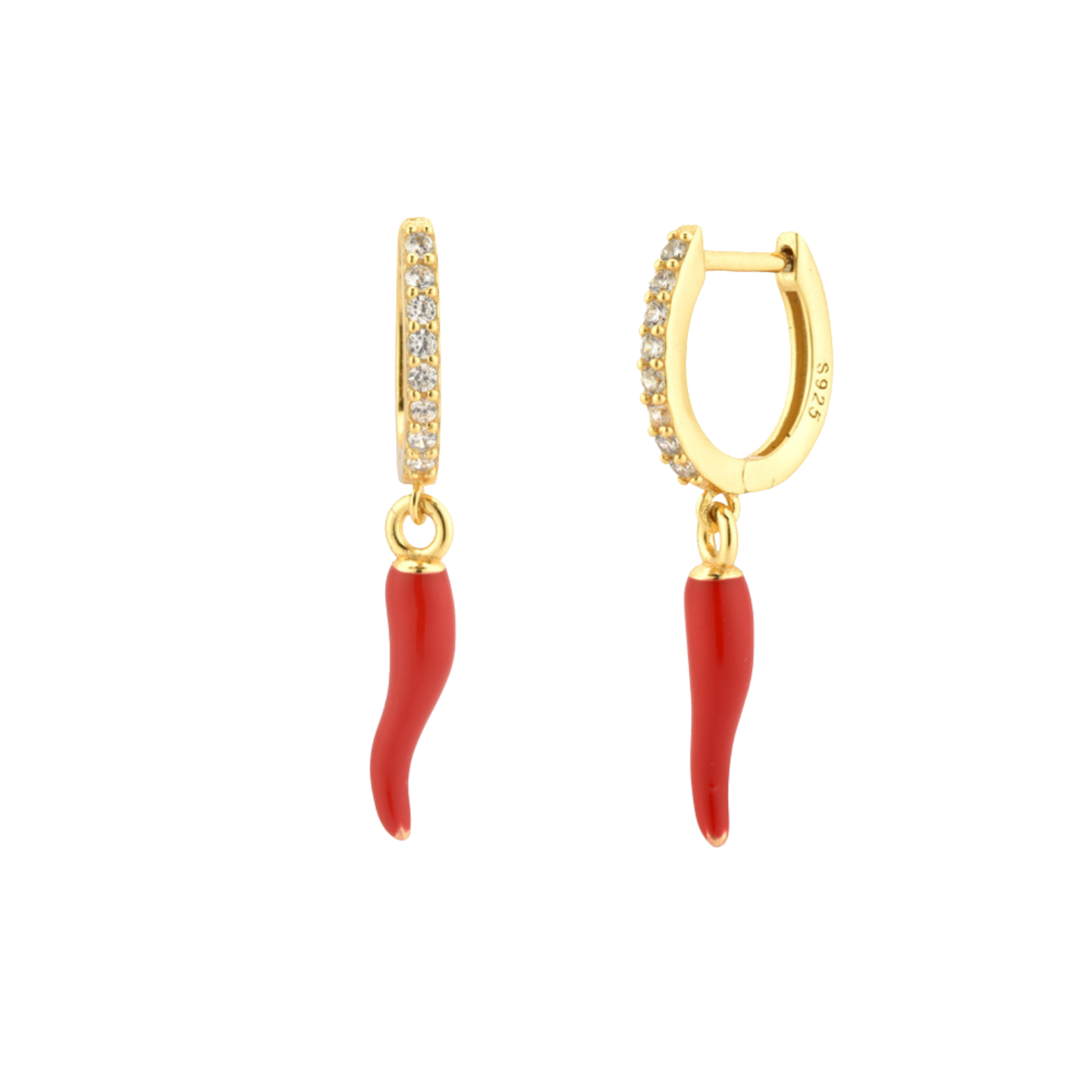 Close-up of 14K gold-plated Cornicello hoop earrings with intricate design details