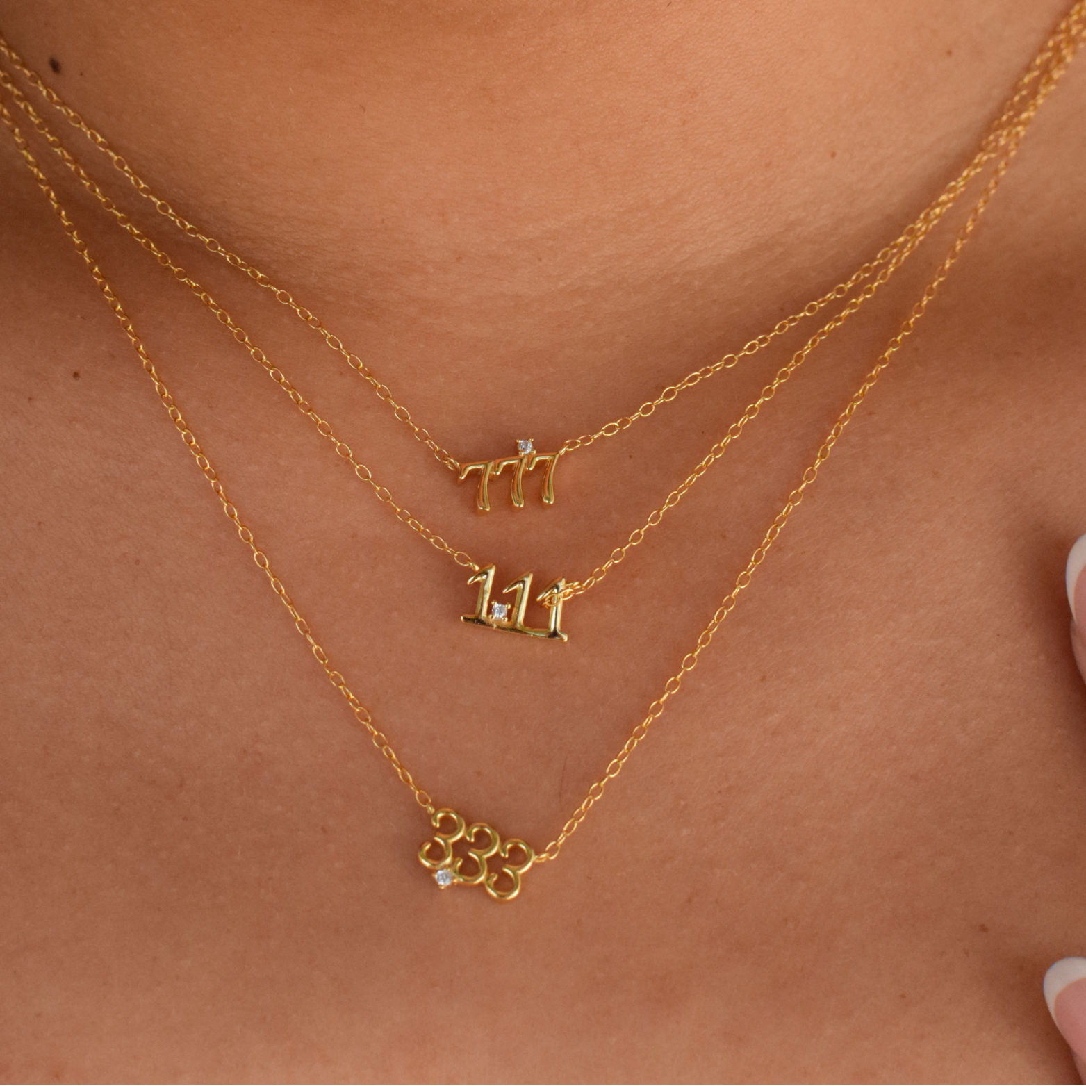Close-up of the 333 Angel Number Necklace in 14K gold plating