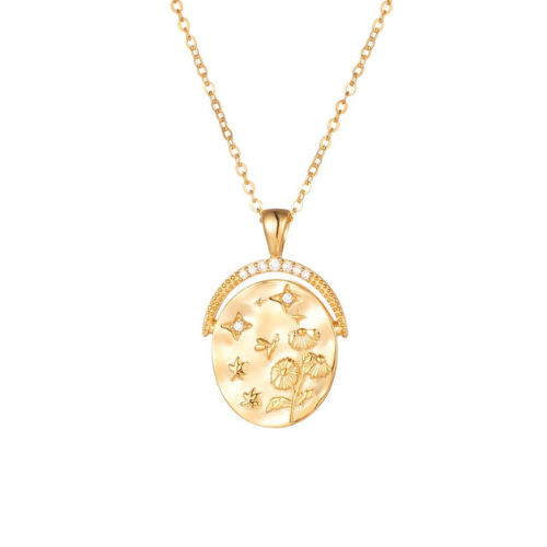 A gold vermeil amulet necklace with an adjustable chain and an engraved circular pendant featuring floral and seasonal motifs.