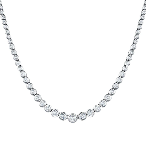 Sterling silver tennis necklace with brilliant-cut diamonds displayed on a white background