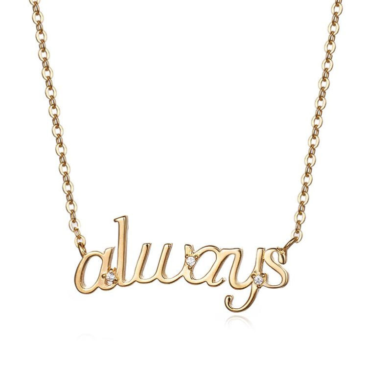 A gold vermeil necklace with the word 'always' written in cursive script.