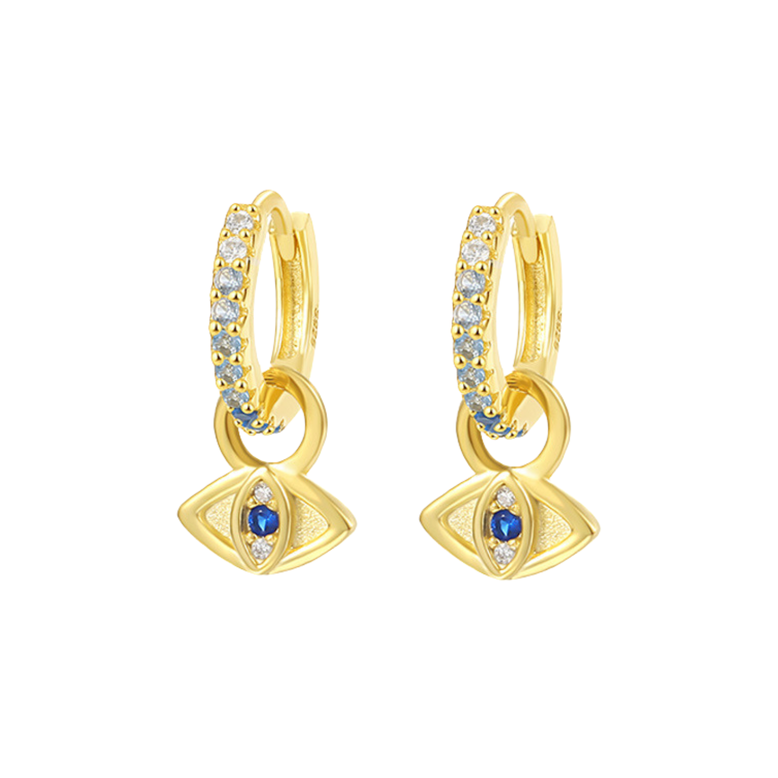A pair of 14K gold plated hoop earrings with a gradient of blue cubic zirconias, featuring an evil eye detail.