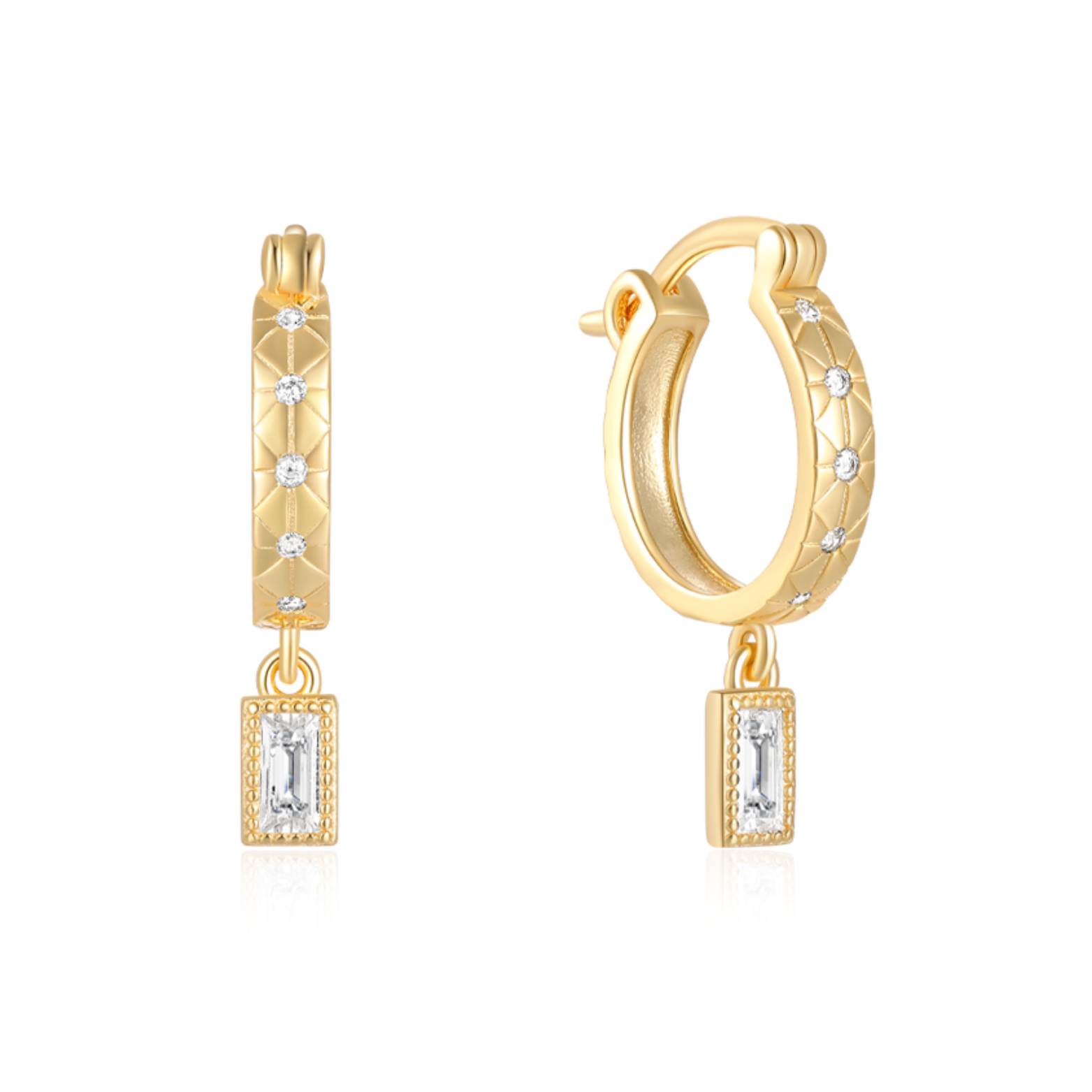 14K gold plated Skylar Hoops earrings on display