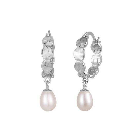 A pair of sterling silver hoop earrings with freshwater pearl accents.
