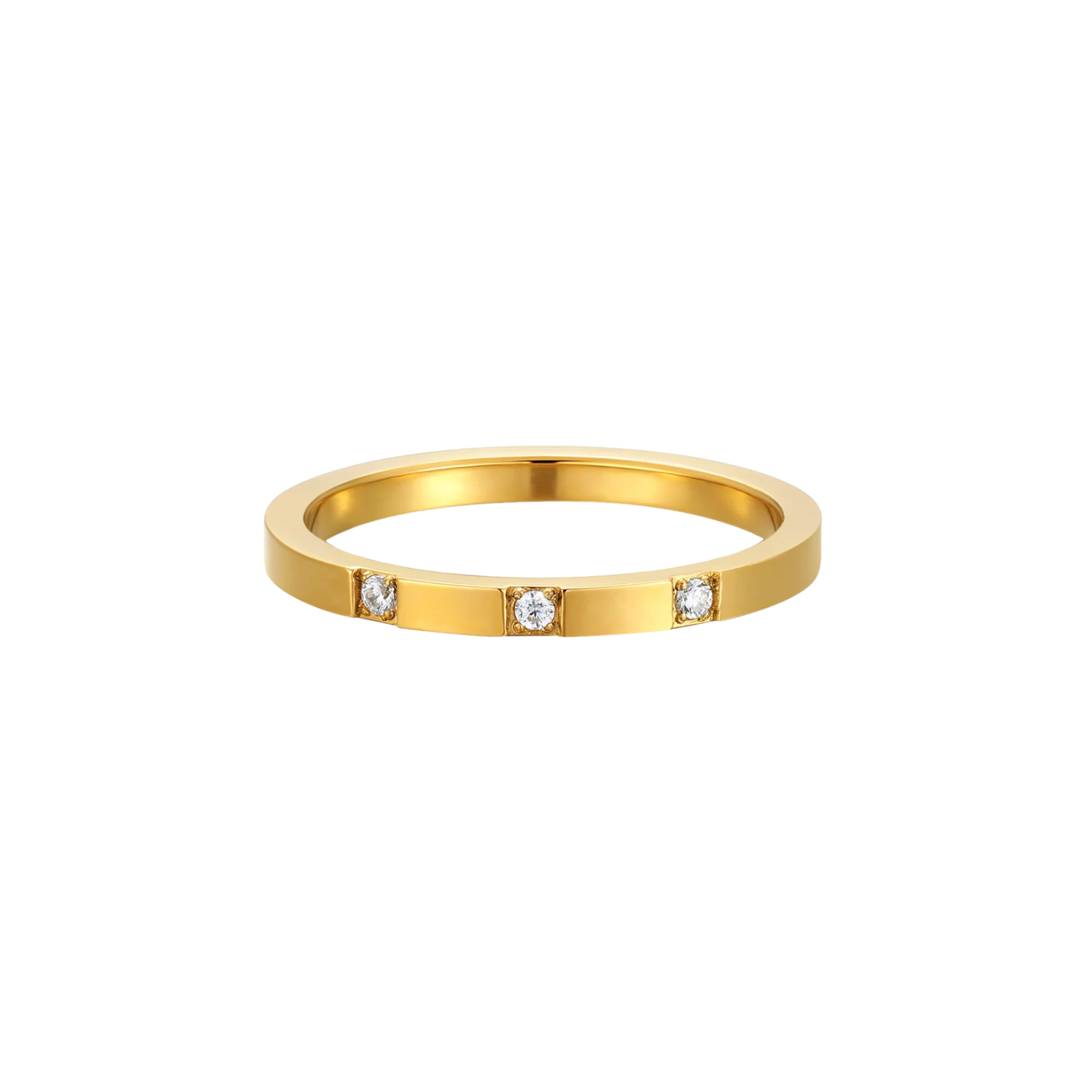 An 18K gold plated stainless steel ring with small cubic zirconia stones, showing a sleek, elegant design suitable for stacking.