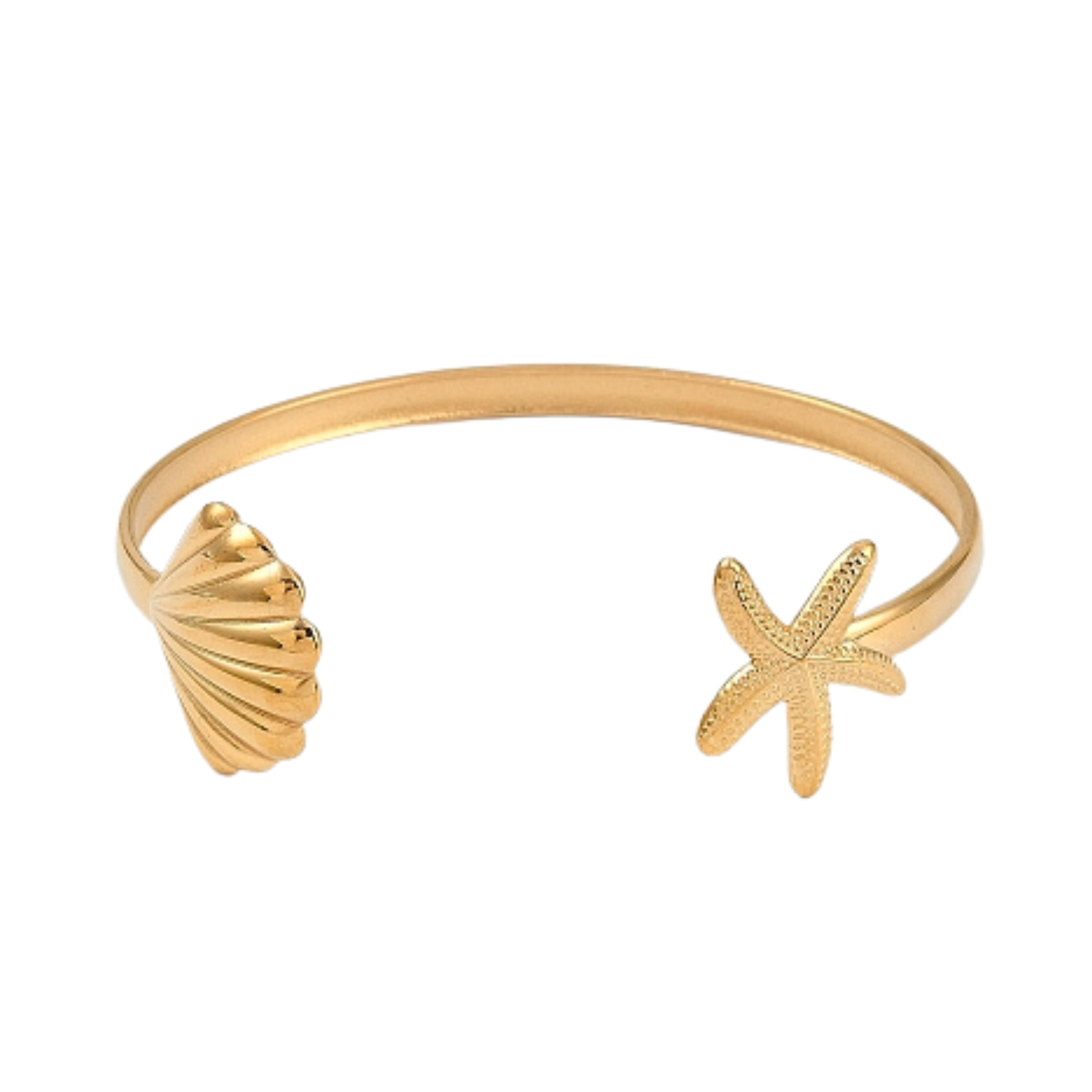 An 18K gold plated cuff bracelet featuring intricate details of a shell and starfish.
