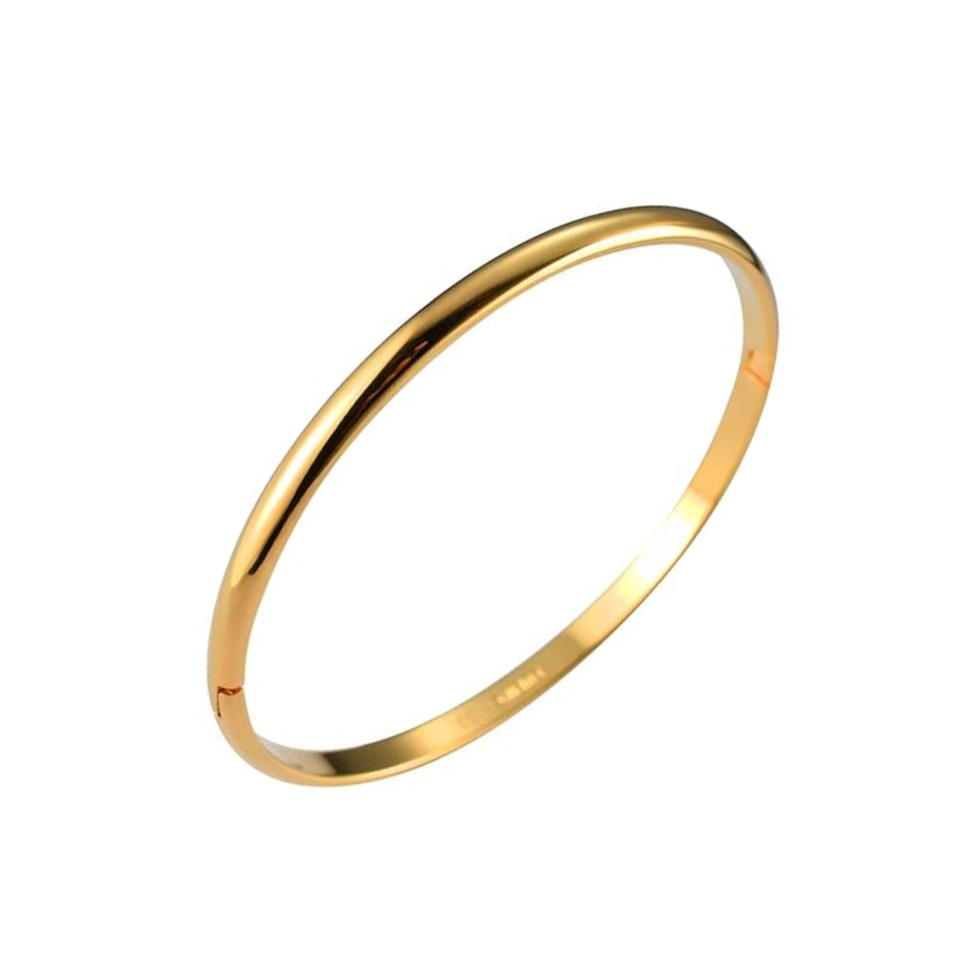 A gold-plated stainless steel bangle bracelet with a secure hinge clasp.