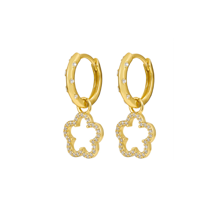 A pair of 14K gold plated hoop earrings with a four-leaf clover design, featuring white cubic zirconia embellishments.