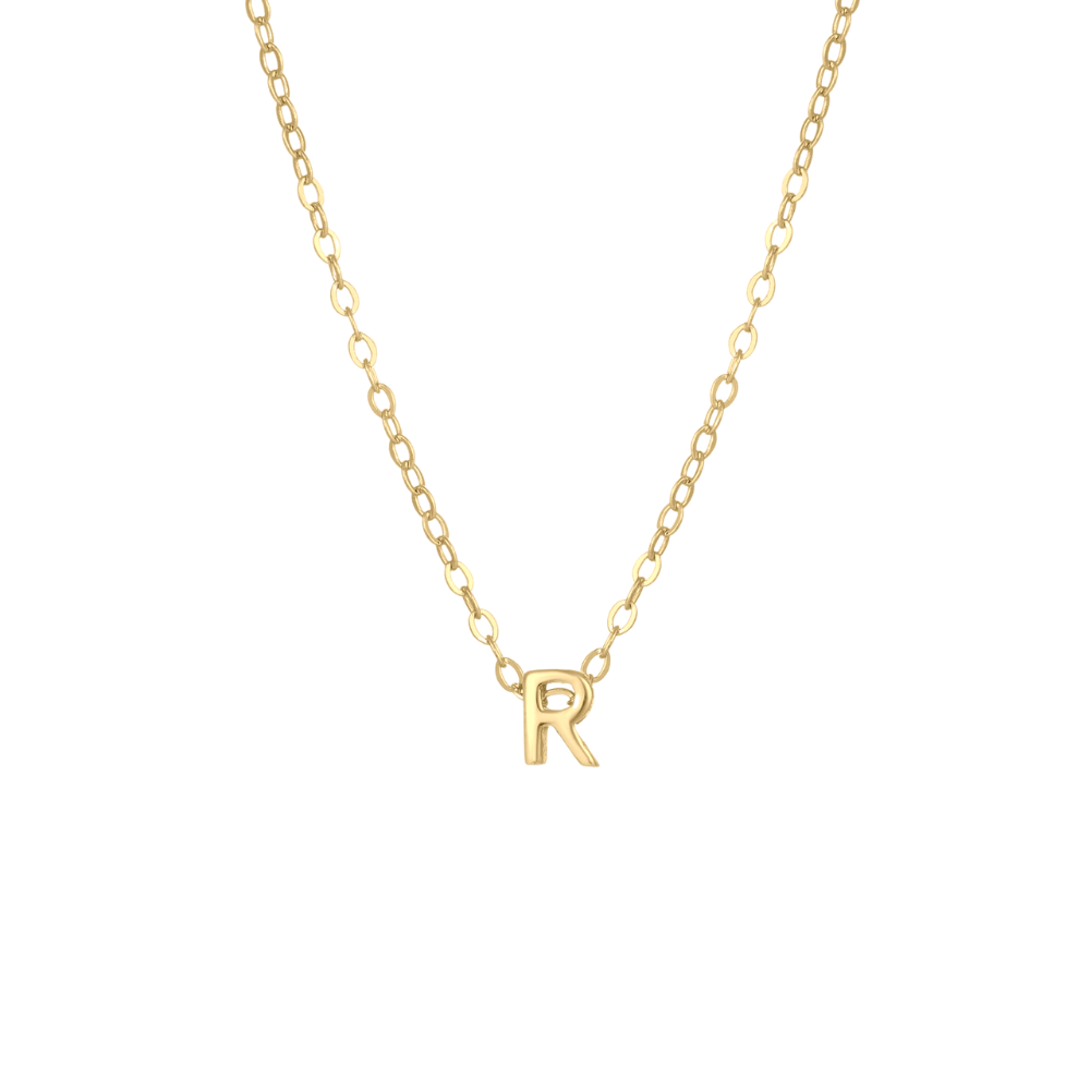 Refined 'R' initial pendant on a 14k vermeil necklace