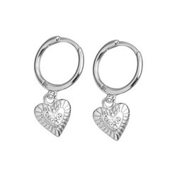 Sterling silver heart-shaped hoop earrings on display