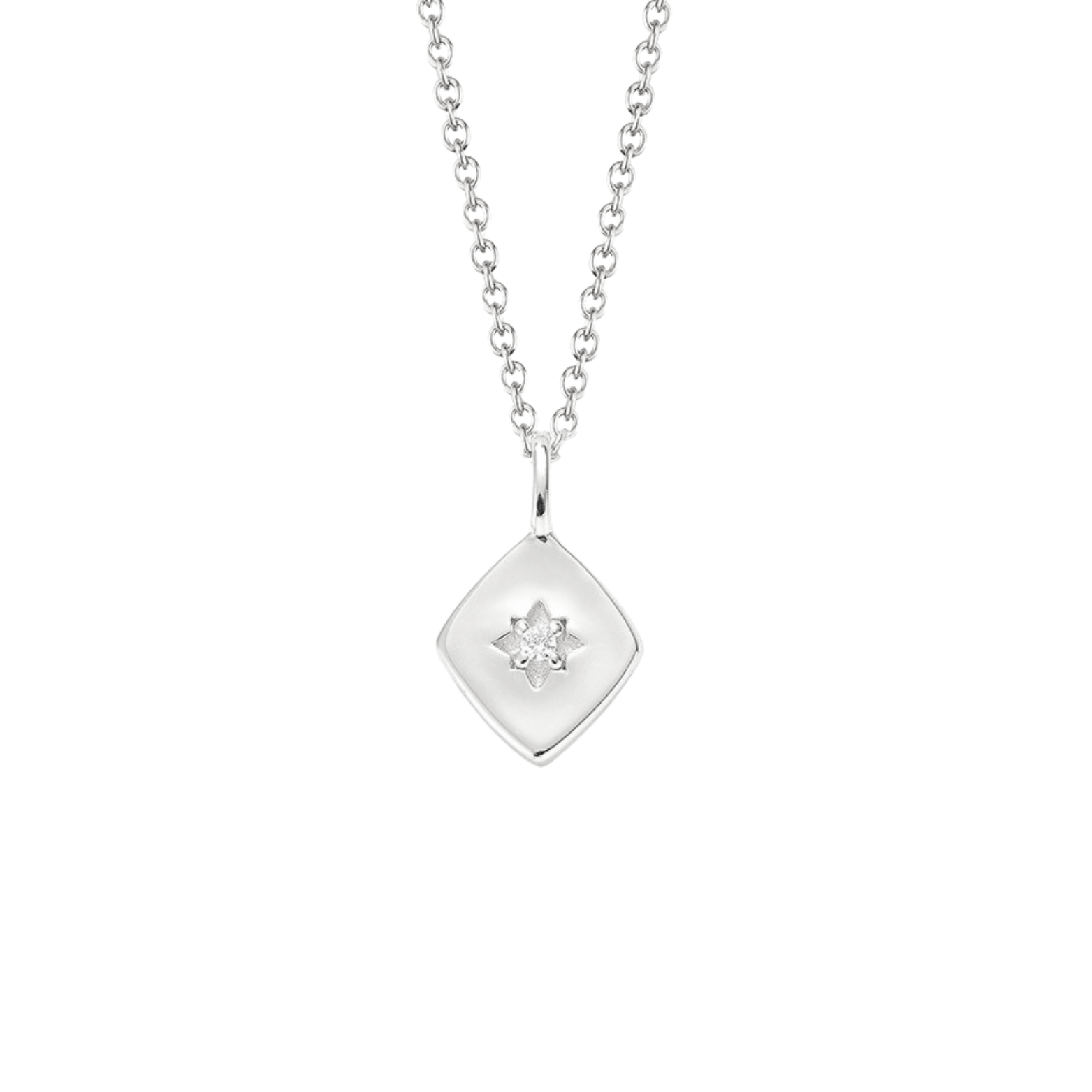 Close-up of the Altair Necklace's sterling silver pendant on a chain