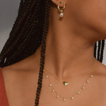 Close-up of a woman wearing the 14K gold-plated Vacation Studs earrings