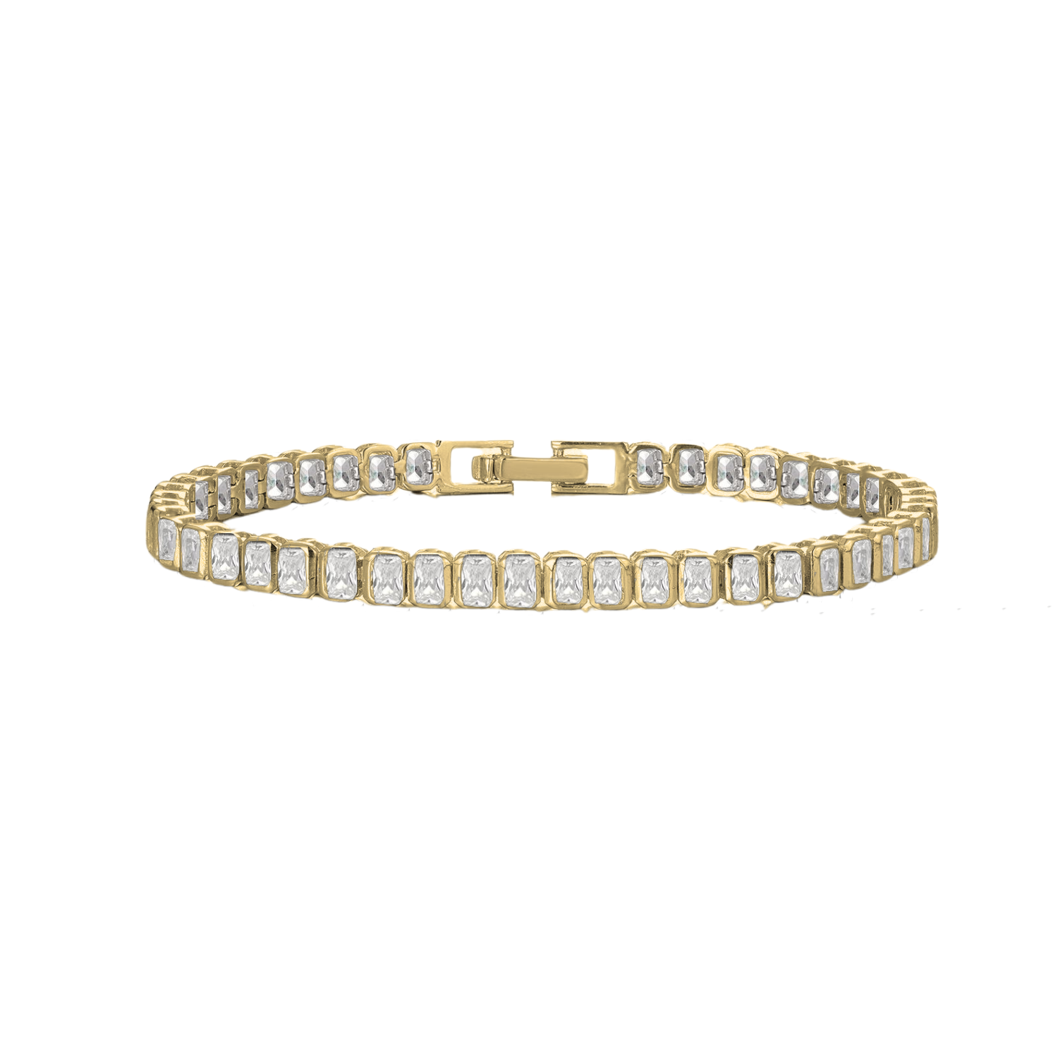 Elegant 14K gold plated Baguette Tennis Bracelet with baguette-cut diamonds showcased
