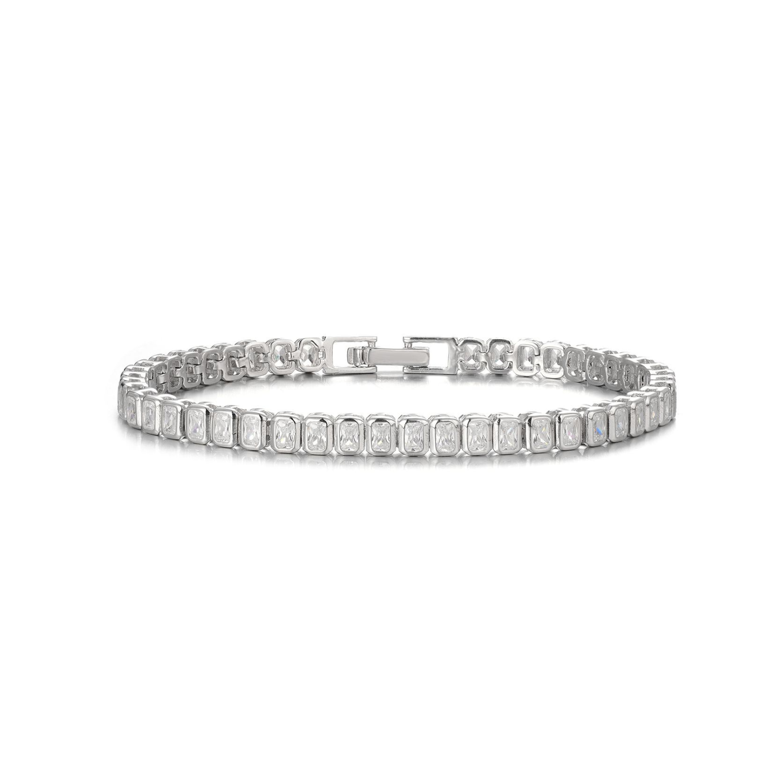 Elegant sterling silver tennis bracelet with baguette-cut diamonds