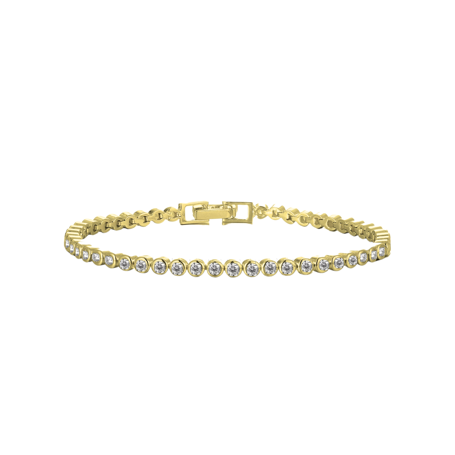 14K gold plated tennis bracelet with round-cut stones displayed on a white background
