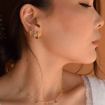 Close-up of Green Logan Hoops earrings on a model with no necklace