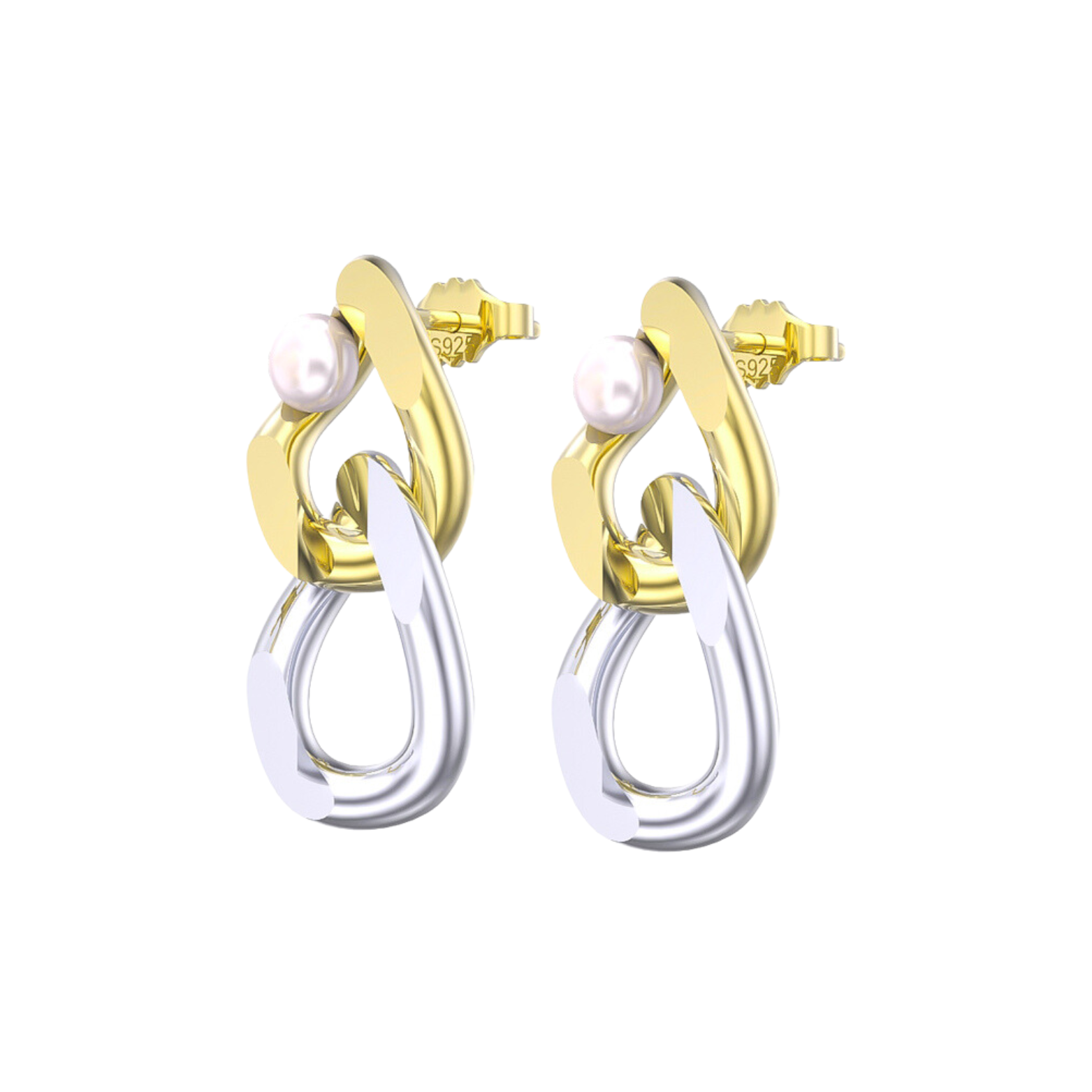 Close-up view of two-tone pearl studs with gold and silver design