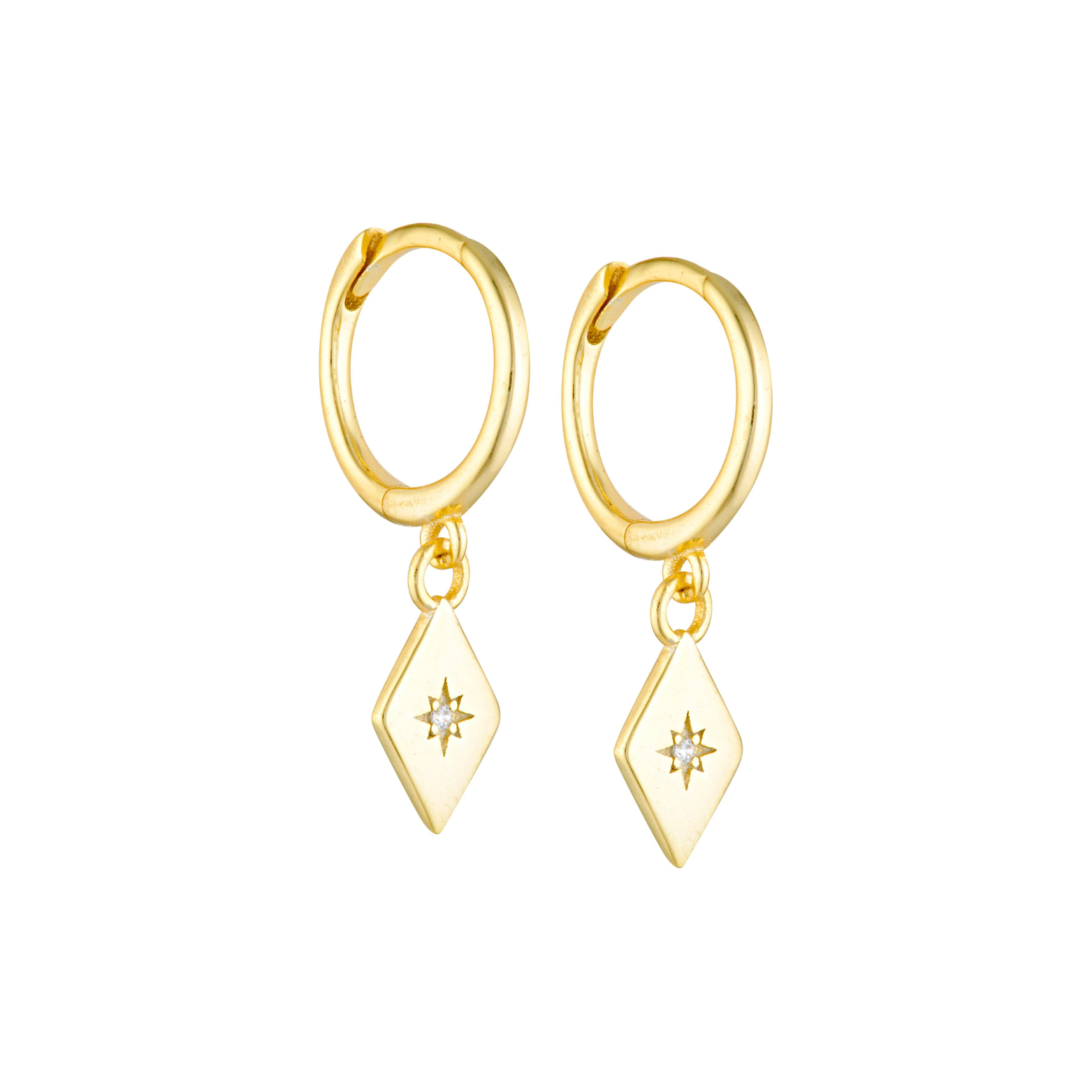 Detail of the diamond embellishments on 14K gold-plated hoop earrings
