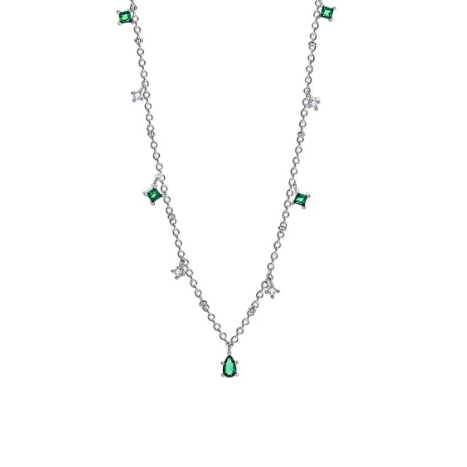 Sterling silver necklace with sage-colored pendant on a white background