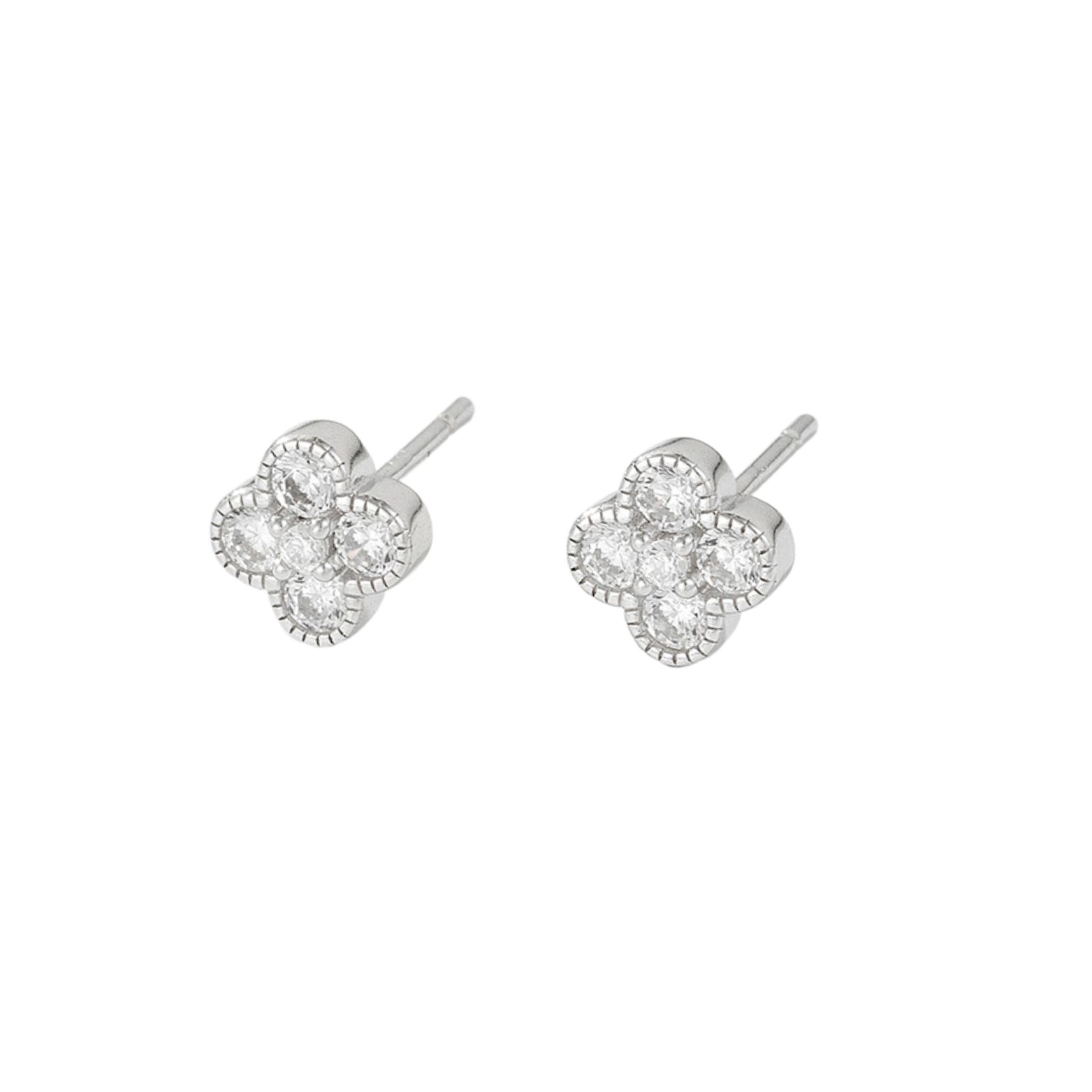 Sterling silver clover-shaped stud earrings on a white background