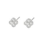 Sterling silver clover-shaped stud earrings on a white background