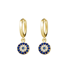 A pair of 14K gold-plated Evie Hoops with blue eye detailing