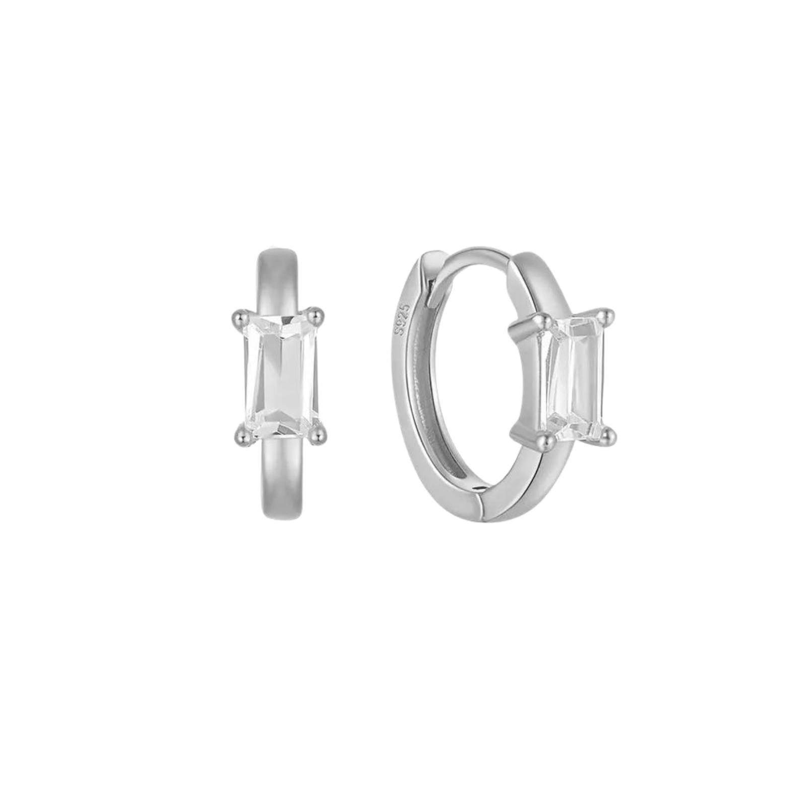 Sterling silver Isabella Huggie earrings on display