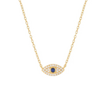 14K gold-plated Iris necklace featuring an evil eye pendant with sapphire accents