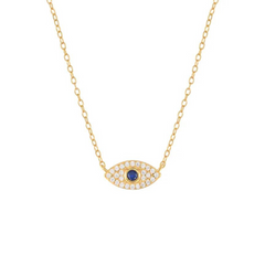 14K gold-plated Iris necklace featuring an evil eye pendant with sapphire accents
